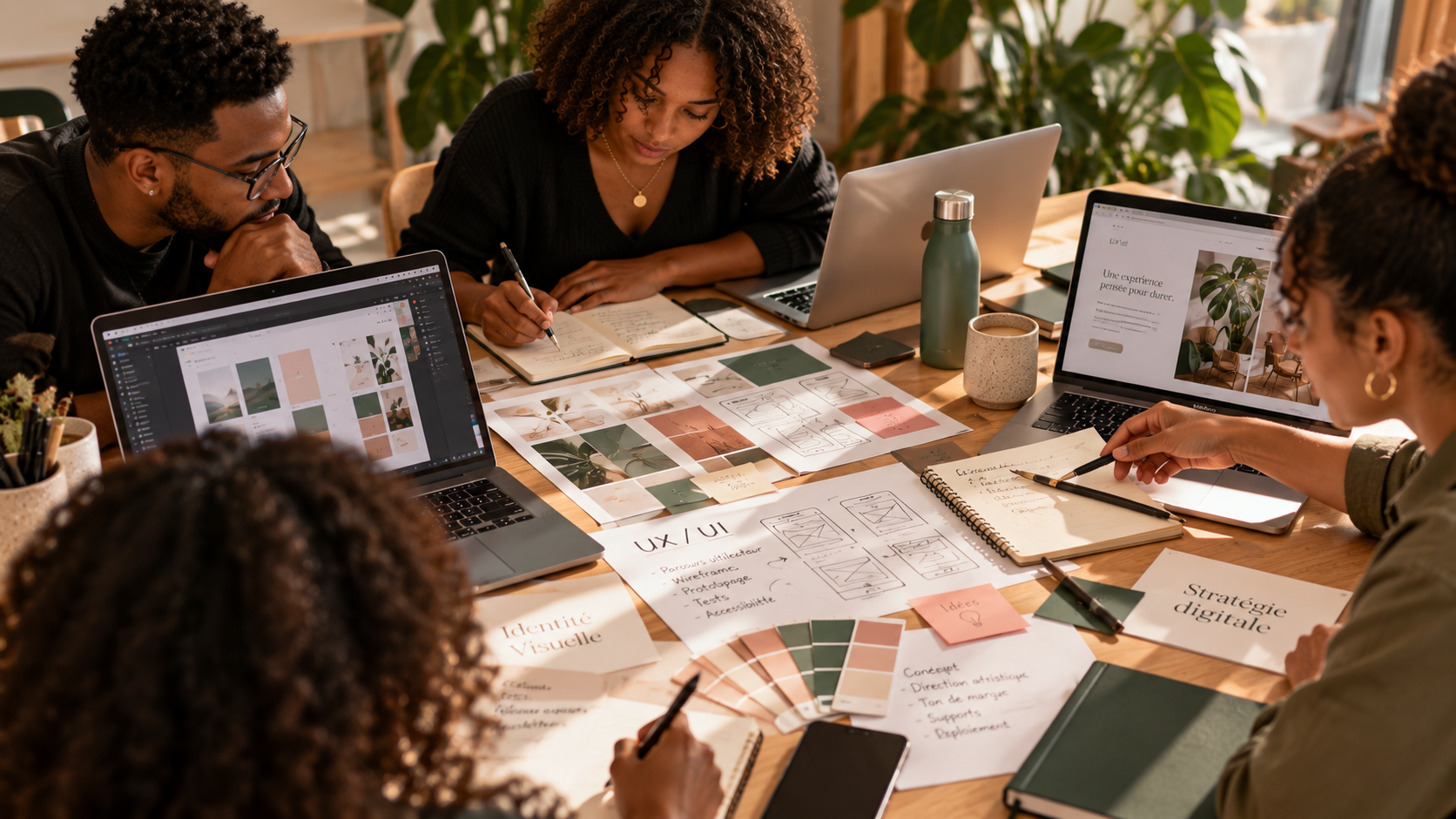 Formation design & digital – pédagogie par projet Étudiants travaillant en groupe sur un projet de design, UX/UI et stratégie digitale