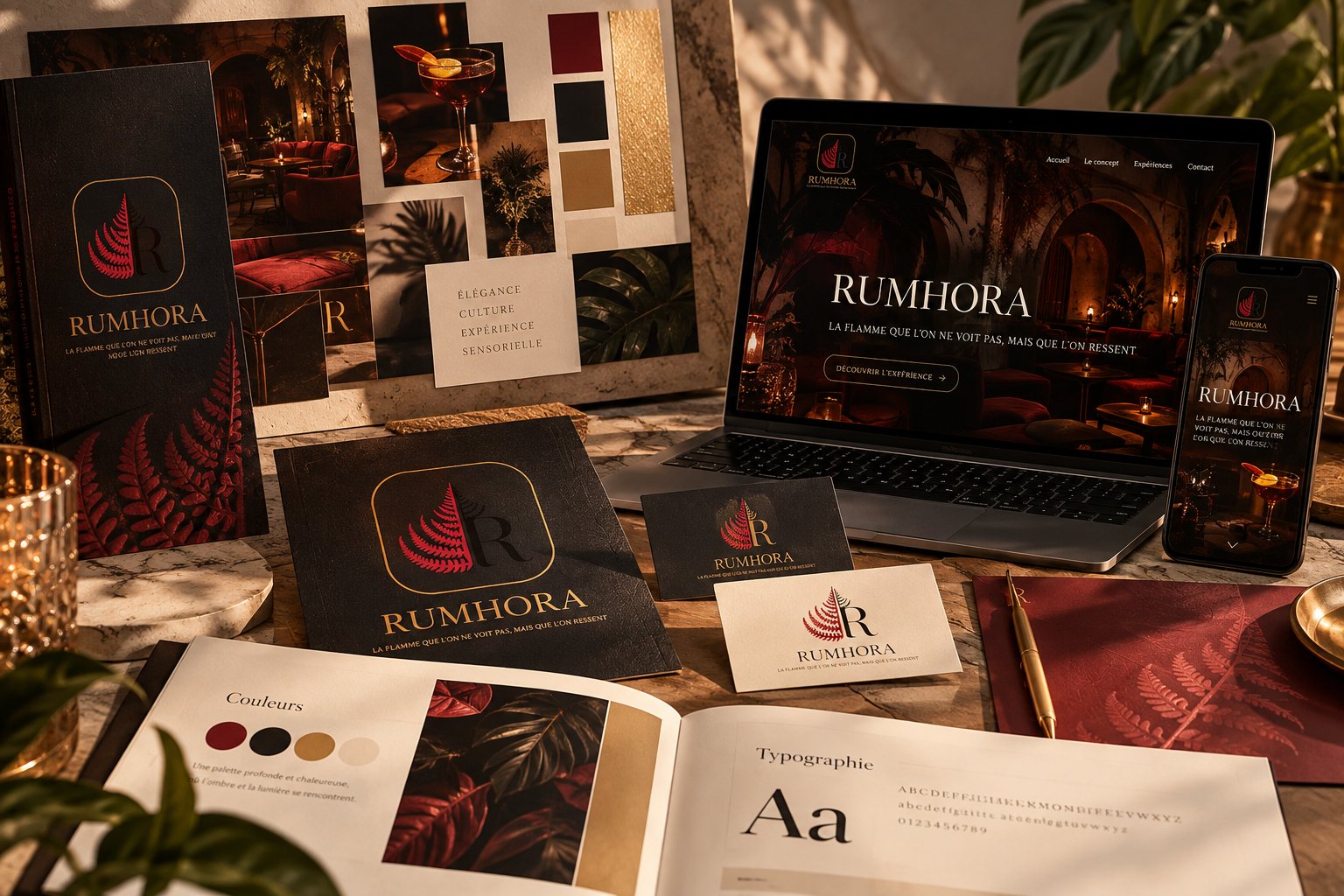 Identité visuelle & branding RUMHORA – Web Sy Design Identité visuelle RUMHORA créée par Web Sy Design, avec logo, palette de couleurs et supports de marque